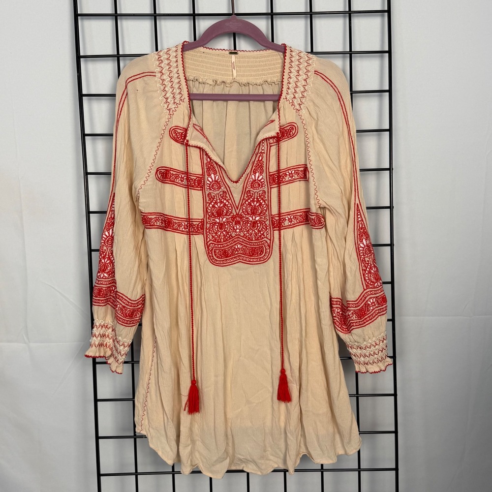 Free People Wind Willow Dress Women Small Beige Red Embroidered Boho Peasant